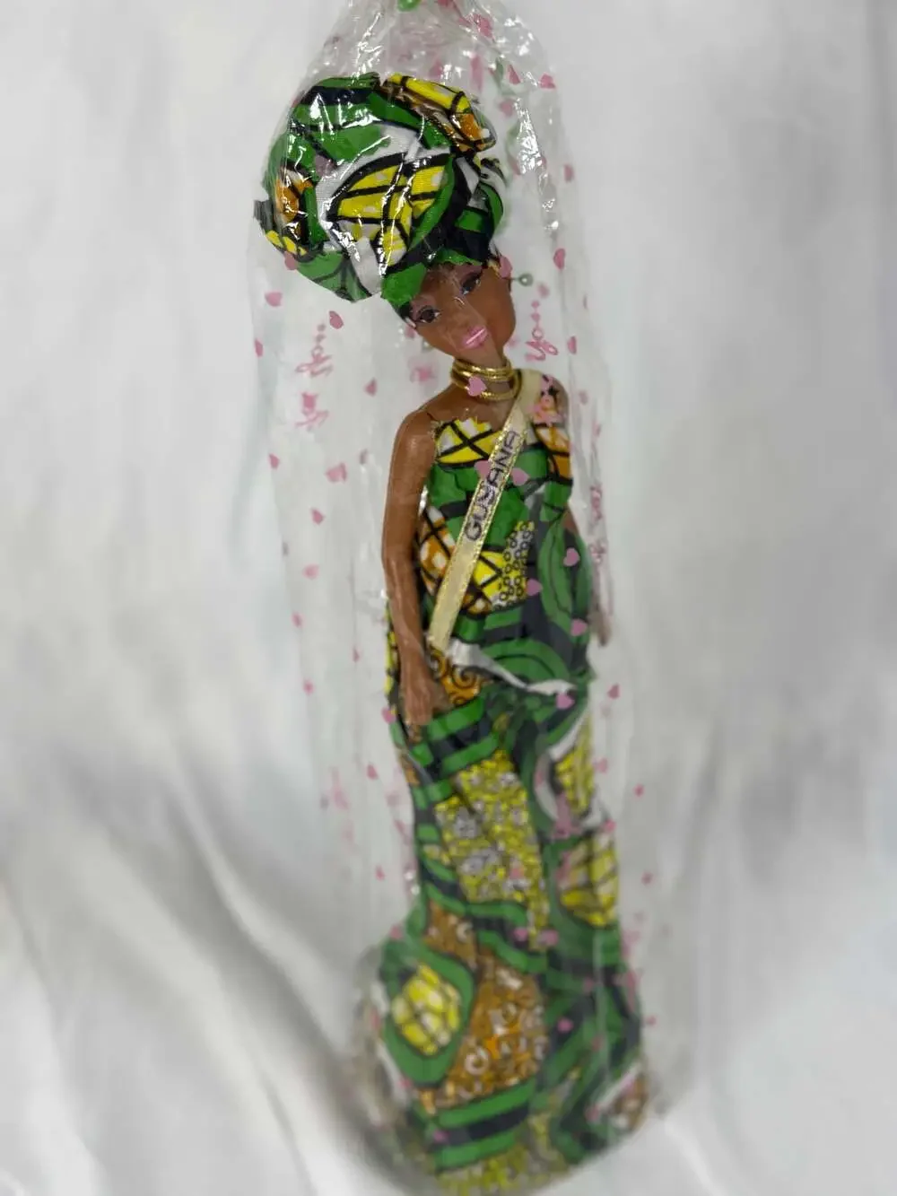 Fashion Doll in Authentic African Print Dress and Headwrap with Sash
